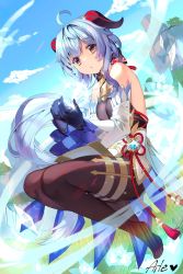 Rule 34 | 1girl, ahoge, aile (crossroads), artist name, bare shoulders, bell, black gloves, black legwear, blue hair, blush, bow, breasts, chinese knot, detached sleeves, flower knot, full body, ganyu (genshin impact), genshin impact, gloves, gold trim, highres, horns, long hair, looking at viewer, magic, medium breasts, neck bell, no shoes, orb, outdoors, purple eyes, red rope, rope, sidelocks, solo, tassel, thighlet, vision (genshin impact), waist cape, white sleeves, wind