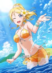Rule 34 | 10s, 1girl, ayase eli, bikini, blonde hair, blue eyes, blush, breasts, cleavage, cloud, flower, long hair, looking at viewer, love live!, love live! school idol festival, love live! school idol project, medium breasts, non-web source, official art, open mouth, ponytail, print bikini, scrunchie, smile, solo, swimsuit, water, yellow bikini