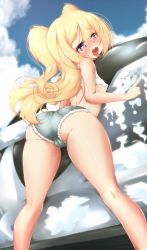 Rule 34 | 1girl, :3, absurdres, ass, azur lane, bache (azur lane), bache (gorgeous speed-star) (azur lane), beckoning, blonde hair, blue eyes, breasts, cameltoe, car, cleft of venus, clothes lift, commentary, covered erect nipples, cutoffs, denim, denim shorts, english commentary, ether core, female pervert, from behind, heart, heart-shaped pupils, highres, long hair, looking at viewer, looking back, micro shorts, motor vehicle, naughty face, no panties, pervert, shiny skin, shirt lift, shorts, small breasts, solo, standing, symbol-shaped pupils, tank top, thighs, tongue, tongue out, underboob