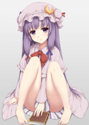 Rule 34 | 1girl, barefoot, blue bow, book, bow, capelet, crescent, crescent hair ornament, dress, grey background, hair bow, hair ornament, hat, long hair, long sleeves, looking at viewer, mob cap, patchouli knowledge, purple eyes, purple hair, red bow, sidelocks, simple background, sitting, solo, striped clothes, striped dress, tokugawa landine, touhou, very long hair