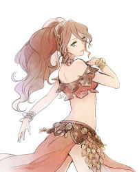 Rule 34 | 1girl, bare shoulders, bracelet, brown hair, chizu (fiute), cowboy shot, dancer, green eyes, hairband, jewelry, long hair, looking back, midriff, octopath traveler, octopath traveler i, parted lips, ponytail, primrose azelhart, simple background, solo, strapless, tube top, white background