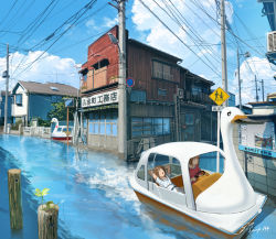 Rule 34 | 2girls, boat, brown hair, building, city, cloud, commentary, driving, fence, flood, hachiya shohei, highres, multiple girls, original, outdoors, poster (object), power lines, road sign, scenery, short hair, short sleeves, sign, sitting, swan boat, utility pole, vehicle, watercraft