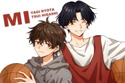 2boys baseball baseball_bat behind_another bishounen brown_eyes carrying carrying_under_arm character_name grin height_difference highres holding holding_baseball_bat hood hoodie looking_at_viewer male_focus matako mitsui_hisashi miyagi_ryouta multiple_boys portrait red_shirt shirt simple_background slam_dunk_(series) smile white_background white_shirt