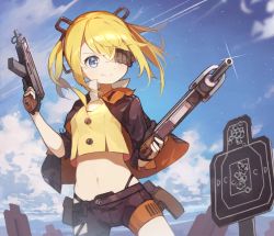 Rule 34 | 1girl, blonde hair, blue eyes, breasts, bullet hole, commentary request, dual wielding, eyepatch, fingerless gloves, girls&#039; frontline, gloves, gun, hair between eyes, harufude, holding, holding gun, holding weapon, jacket, long hair, midriff, navel, outdoors, skorpion (girls&#039; frontline), skorpion vz. 61, sky, small breasts, smile, solo, star (sky), submachine gun, target, target practice, twintails, weapon