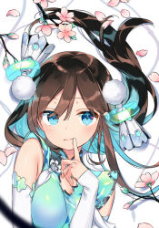 Rule 34 | 1girl, blue dress, blue eyes, blue hair, blush, branch, breasts, brown hair, china dress, chinese clothes, cleavage cutout, closed mouth, clothing cutout, colored inner hair, commentary request, detached sleeves, diamond-shaped pupils, diamond (shape), dress, expressionless, finger to mouth, fingersmile, flower, glowing, gradient dress, gradient hair, green dress, hair ornament, kiya machi, long hair, long sleeves, looking at viewer, lying, medium breasts, multicolored hair, on back, on bed, original, petals, pink flower, revision, shadow, sleeveless, sleeveless dress, solo, symbol-shaped pupils, tassel, tassel hair ornament, upper body, white sleeves