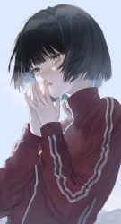 Rule 34 | 1girl, black hair, blunt bangs, bob cut, breath, breathing on hands, character request, cold, copyright request, grey eyes, gym uniform, highres, jacket, medium hair, open mouth, own hands together, red jacket, short hair, tagme, track jacket, yanagi nagiko, zipper