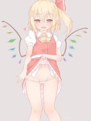 Rule 34 | 1girl, ascot, blonde hair, clothes lift, flandre scarlet, half-closed eyes, heart, highres, lifted by self, looking at viewer, micro panties, navel, open mouth, panties, panty pull, pointy ears, puffy short sleeves, puffy sleeves, pulled by self, red eyes, red skirt, sakurea, short sleeves, simple background, skirt, skirt lift, smile, solo, touhou, underwear, vest, white panties, wings