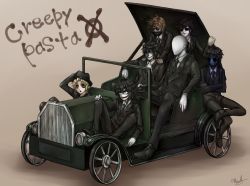 Rule 34 | 6+boys,  toby, bad id, bad pixiv id, ben drowned, black footwear, black hair, black headwear, black neckwear, black sclera, blonde hair, blue skin, business suit, car, colored sclera, colored skin, crazy eyes, creepypasta, crossed arms, crossed legs, equala, evil smile, eyeless jack, faceless, faceless male, formal, full body, glasses, hat, highres, jeff the killer, knees up, laughing jack, male focus, mask, masky, motor vehicle, multiple boys, necktie, no eyes, pale skin, shoes, simple background, sitting, slender man, smile, suit, ticci toby, vehicle, vehicle focus
