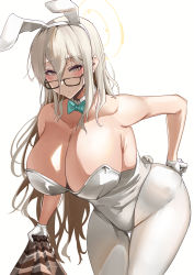 Rule 34 | 1girl, absurdres, akane (blue archive), akane (bunny) (blue archive), animal ears, aqua bow, aqua bowtie, bare arms, bare shoulders, bent over, blue archive, blush, bow, bowtie, breasts, cleavage, closed mouth, collarbone, detached collar, fake animal ears, glasses, gloves, grey hair, hair between eyes, hairband, halo, highres, large breasts, leotard, namazu (yamasonson), pantyhose, playboy bunny, rabbit ears, simple background, solo, thighs, white background, white gloves, white hairband, white leotard, white pantyhose
