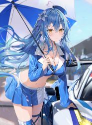 Rule 34 | 1girl, absurdres, ahoge, asymmetrical clothes, blue hair, blurry, blurry background, boots, breasts, car, cleavage, closed mouth, collarbone, crop top, day, ferrari, ferrari 458 italia, fingernails, hair ornament, hat, highres, hololive, lips, long hair, long sleeves, looking at viewer, medium breasts, midriff, miniskirt, motor vehicle, nail polish, navel, outdoors, pleated skirt, pointy ears, race queen, rin yuu, scan, simple background, skirt, smile, solo, stomach, thigh boots, umbrella, virtual youtuber, yellow eyes, yukihana lamy
