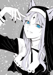 Rule 34 | 1girl, absurdres, animal ear fluff, animal ears, blue eyes, cat ears, commentary request, facial mark, forehead mark, grey background, habit, hand up, highres, long hair, long sleeves, looking at viewer, monochrome, nail polish, noripro, parted lips, shirayuki mishiro, simple background, smile, solo, spot color, upper body, virtual youtuber, yuri kyanon
