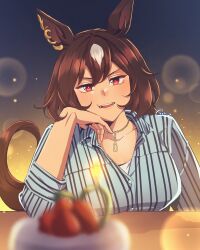 Rule 34 | 1girl, animal ears, arm on table, blurry, blurry foreground, blush, breasts, brown hair, cake, collared shirt, commentary request, ear ornament, food, gaman, hair between eyes, head rest, highres, horse ears, horse girl, jewelry, lens flare, long hair, long sleeves, looking at viewer, medium breasts, multicolored hair, necklace, official alternate costume, red eyes, shirt, sirius symboli (umamusume), smile, solo, strawberry shortcake, streaked hair, striped clothes, striped shirt, table, teeth, umamusume, upper teeth only, vertical-striped clothes, vertical-striped shirt, very long hair, white hair