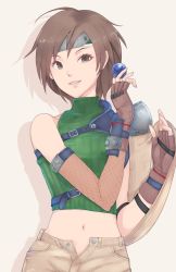 Rule 34 | 1girl, armor, breasts, brown eyes, brown gloves, brown hair, brown shorts, buckle, chienon, commentary, cowboy shot, cropped sweater, drop shadow, final fantasy, final fantasy vii, fingerless gloves, forehead protector, gloves, green sweater, grin, headband, highres, holding, lips, looking at viewer, making-of available, materia, medium breasts, midriff, navel, open fly, pauldrons, ribbed sweater, short hair, shorts, shoulder armor, simple background, single bare shoulder, single pauldron, sleeveless, sleeveless turtleneck, smile, solo, square enix, standing, sweater, turtleneck, turtleneck sweater, unzipped, white background, yuffie kisaragi