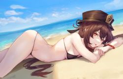 Rule 34 | 1girl, bare shoulders, beach, bikini, black bikini, black hat, bracelet, breasts, brown hair, closed mouth, day, genshin impact, groin, hat, highres, horizon, hu tao (genshin impact), jewelry, leviathan (hikinito0902), long hair, looking at viewer, lying, navel, ocean, on stomach, outdoors, red eyes, skindentation, small breasts, solo, star-shaped pupils, star (symbol), stomach, string bikini, swimsuit, symbol-shaped pupils, thighs, tongue, tongue out, very long hair