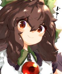 Rule 34 | 1girl, blouse, blush, bow, brown eyes, brown hair, buttons, closed mouth, collared shirt, commentary request, green bow, hair between eyes, hair bow, long hair, looking at viewer, portrait, reiuji utsuho, shirt, short sleeves, simple background, smile, solo, third eye, touhou, uisu (noguchipint), v-shaped eyebrows, white background, white shirt