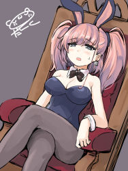 Rule 34 | 1girl, animal ears, atlanta (kancolle), black bow, black bowtie, black leotard, black pantyhose, bow, bowtie, breasts, brown hair, chair, cleavage, commentary request, crossed legs, darkside, detached collar, dutch angle, earrings, fake animal ears, grey background, grey eyes, jewelry, kantai collection, large breasts, leotard, long hair, pantyhose, playboy bunny, rabbit ears, signature, simple background, sitting, solo, star (symbol), star earrings, strapless, strapless leotard, two side up, wrist cuffs