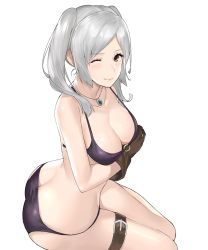 Rule 34 | 1girl, ass, bare shoulders, bikini, blush, breasts, brown eyes, brown gloves, butt crack, cleavage, closed mouth, collarbone, commentary, fire emblem, fire emblem awakening, fire emblem heroes, gloves, highres, j@ck, jewelry, lips, long hair, looking at viewer, medium breasts, necklace, nintendo, o-ring, o-ring bikini, o-ring top, official alternate costume, one eye closed, purple bikini, robin (female) (fire emblem), robin (fire emblem), shiny clothes, shiny skin, simple background, sitting, smile, solo, swimsuit, thigh strap, thighs, twintails, white background, white hair
