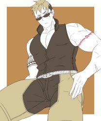 Rule 34 | 1boy, arm tattoo, asutarou, bara, bare shoulders, brown theme, bulge, crotchless, crotchless pants, feet out of frame, large pectorals, legs apart, looking at viewer, male focus, muscular, muscular male, pants, pectoral cleavage, pectorals, scar, scar across eye, scar on face, short hair, sideburns, sleeveless, sleeveless jacket, solo, spot color, sunglasses, tattoo, onogami tetsuya, thick thighs, thighs, tokyo houkago summoners
