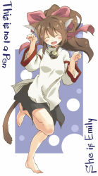 Rule 34 | 1girl, animal ears, barefoot, bell, blush, bow, cat ears, cat tail, emily (ukagaka), hair bow, jingle bell, long hair, open mouth, paw pose, smile, solo, tail, ukagaka, yudepii