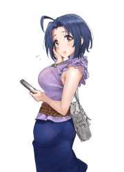 Rule 34 | 1girl, ahoge, blue hair, blue skirt, blush, breasts, dark blue hair, flying sweatdrops, forehead, hamedoragon, hand on own cheek, hand on own face, holding, holding phone, idolmaster, idolmaster (classic), large breasts, looking at viewer, miura azusa, pantylines, parted bangs, phone, purple shirt, red eyes, ribbed shirt, shirt, simple background, skirt, sleeveless, sleeveless shirt, solo, sweatdrop, twisted torso, white background, white bag