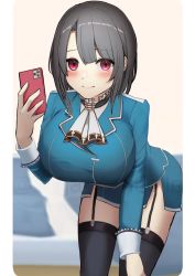 Rule 34 | 1girl, black hair, black thighhighs, blue jacket, blue skirt, blush, breasts, cellphone, closed mouth, commission, garter straps, highres, holding, holding phone, jacket, kantai collection, large breasts, long sleeves, military, military uniform, phone, pillarboxed, pink eyes, saga (saga kancolle), selfie, simple background, skeb commission, skirt, smartphone, solo, takao (kancolle), thighhighs, twitter username, uniform, watermark