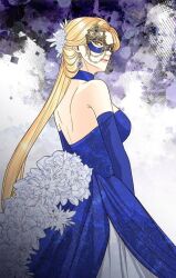 Rule 34 | 1girl, blonde hair, blue dress, blue mask, blue sleeves, closed mouth, dress, flower, long hair, long sleeves, looking at viewer, looking back, mask, navier ellie trovi, serious, solo, the remarried empress, white dress, yellow eyes