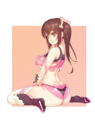 Rule 34 | 1girl, ass, bad id, bad pixiv id, black panties, black thighhighs, blush, breasts, brown eyes, brown hair, butt crack, hair ornament, long hair, orange background, original, outside border, panties, see-through, side ponytail, sitting, smile, solo, thighhighs, underwear, wariza, white background, white thighhighs, yuuji (and)