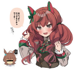 Rule 34 | 2girls, agnes tachyon (umamusume), alternate hair length, alternate hairstyle, animal ears, blush, bow, breasts, brown dress, brown hair, censored, commentary request, dress, ear covers, earrings, green bow, hair ornament, hair ribbon, horse ears, horse girl, identity censor, jewelry, long hair, long sleeves, looking at viewer, medium breasts, multiple girls, nanahamu, nice nature (umamusume), open mouth, red bow, red hair, ribbon, short hair, simple background, single earring, speech bubble, striped, striped bow, sweat, translation request, twintails, umamusume, white background