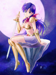 Rule 34 | 1girl, arm support, armor, asou yuuko, bikini armor, blue background, blue eyes, blue hair, boots, breasts, cleavage, closed mouth, commentary request, dark blue hair, full body, full moon, highres, inomata mutsumi (style), knee boots, long hair, medium breasts, moon, mugen senshi valis, parody, partial commentary, red scarf, scarf, sitting, skirt, smile, solo, style parody, sword, tamanegiinyo, valis, weapon, white skirt