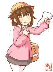 Rule 34 | 1girl, alternate costume, artist logo, bag, brown eyes, brown hair, brown skirt, commentary request, cowboy shot, dated, disembodied limb, folded ponytail, hat, inazuma (kancolle), kanon (kurogane knights), kantai collection, kindergarten bag, kindergarten uniform, long hair, long sleeves, name tag, one-hour drawing challenge, pantyhose, pink shirt, pleated skirt, school hat, school uniform, shirt, simple background, skirt, smock, solo, white background, white pantyhose, yellow hat