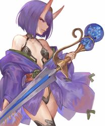 Rule 34 | 1girl, absurdres, akizone, bare shoulders, bob cut, breasts, choker, collarbone, commentary, cowboy shot, evil smile, eyelashes, fang, fate/grand order, fate (series), gem, hair ornament, highres, holding, holding sword, holding weapon, horns, japanese clothes, kimono, long sleeves, looking at viewer, obi, oni, parted lips, profile, purple eyes, purple hair, revealing clothes, sash, short hair, shuten douji (fate), simple background, skin-covered horns, small breasts, smile, solo, sword, thighhighs, thighs, weapon, white background, wide sleeves