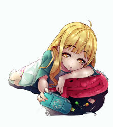 Rule 34 | 10s, 1girl, ahoge, bad id, bad pixiv id, bike shorts, blonde hair, candy, expressionless, food, futaba anzu, handheld game console, idolmaster, idolmaster cinderella girls, kimera, lollipop, long hair, loose clothes, loose shirt, lying, messy, mouth hold, on side, playing games, playstation portable, shirt, socks, striped, stuffed animal, stuffed toy, t-shirt, wrapper, yellow eyes