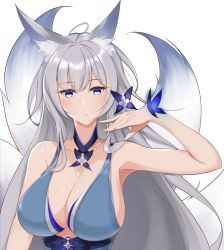 Rule 34 | 1girl, absurdres, animal ear fluff, animal ears, artist request, azur lane, blue butterfly, blue collar, blue dress, blue eyes, breasts, bug, butterfly, cleavage, collar, detached collar, dress, evening gown, fox ears, grey hair, halter dress, halterneck, highres, insect, kitsune, kyuubi, large breasts, large tail, long hair, looking at viewer, multiple tails, shinano (azur lane), shinano (dreams of the hazy moon) (azur lane), simple background, sleeveless, sleeveless dress, solo, tail, upper body, white background, white tail