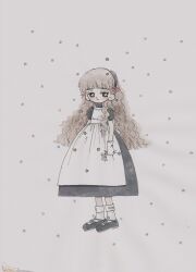 Rule 34 | 1girl, apron, black dress, black footwear, blunt bangs, blunt ends, bobby socks, brown hair, closed mouth, dress, flower, full body, fuminooco, gloves, hairband, highres, holding, holding flower, light blush, long hair, looking at viewer, mary janes, original, puffy short sleeves, puffy sleeves, shoes, short sleeves, simple background, socks, solo, standing, star (symbol), traditional media, very long hair, wavy hair, white apron, white background, white gloves, white socks