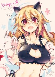 Rule 34 | 1girl, animal ears, animal hands, bad id, bad twitter id, blonde hair, blush, breasts, cat cutout, cat ears, cat lingerie, cat paws, cat tail, cleavage, cleavage cutout, clothing cutout, fang, highres, large breasts, meme attire, navel, open mouth, original, panties, red eyes, rotte (1109), side-tie panties, sketch, smile, solo, tail, translated, underwear