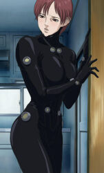 Rule 34 | 00s, 1girl, absurdres, anime screenshot, ass, black bodysuit, bodysuit, breasts, brown eyes, brown hair, embarrassed, female focus, gantz, gantz suit, highres, kishimoto kei, large breasts, looking at viewer, looking to the side, open mouth, parted lips, screencap, shiny clothes, short hair, solo, standing, third-party edit