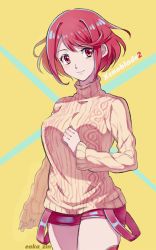 Rule 34 | 1girl, blush, breasts, looking at viewer, nintendo, pyra (xenoblade), red eyes, red hair, short hair, shorts, simple background, smile, solo, sweater, xenoblade chronicles (series), xenoblade chronicles 2, xenoblade chronicles (series), xenoblade chronicles 2, zin