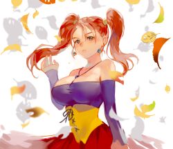 Rule 34 | 1girl, absurdres, bare shoulders, between breasts, breasts, cleavage, dragon quest, dress, earrings, highres, jessica albert, jewelry, large breasts, necklace, orange hair, skirt, solo, twintails