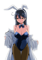 Rule 34 | 10s, 1girl, ahoge, animal ears, backlighting, blue hair, breasts, cleavage, collarbone, cowboy shot, detached collar, fake animal ears, female focus, highres, kantai collection, large breasts, leotard, looking away, off shoulder, pantyhose, playboy bunny, rabbit ears, simple background, solo, thigh gap, ushio (kancolle), white background, yellow eyes, zaxwu