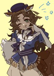 Rule 34 | 1girl, ;q, animal ears, blue sash, blue shirt, breasts, brown hair, centauroid, coat, commentary request, cowboy shot, crescent, deer ears, deer girl, ear ornament, eyeliner, green eyes, hat, highres, jessica (reverse:1999), layered sleeves, long hair, long sleeves, looking at viewer, makeup, medium breasts, monster girl, official alternate costume, one eye closed, parted bangs, partial commentary, purple hat, red eyeliner, reverse:1999, sash, shirt, short sleeves, sidelocks, simple background, sleeves past wrists, smile, solo, standing, star (symbol), tassel, taur, tongue, tongue out, v, wavy hair, white coat, yellow background, ziyunshanding