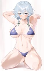 1girl absurdres armpits arms_behind_head bikini blue_bikini blue_eyes blush braid breasts cleavage highres izayoi_sakuya kataku_musou kneeling large_breasts looking_at_viewer midriff navel shiny_skin short_hair smile solo swimsuit thighs touhou twin_braids white_background