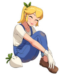 Rule 34 | 1girl, awawawaart, blonde hair, blush stickers, brown footwear, dirty, dirty clothes, closed eyes, mario (series), md5 mismatch, nintendo, overalls, pink lips, ponytail, princess peach, resolution mismatch, shirt, sidelocks, smile, source larger, turnip, white shirt