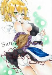 Rule 34 | 1girl, arim0k0, ass, bare shoulders, blonde hair, breasts, cameltoe, covered erect nipples, finger to mouth, green eyes, half updo, highres, large breasts, looking at viewer, mizuhashi parsee, multicolored clothes, panties, pointy ears, sample watermark, short hair, sideboob, solo, touhou, traditional media, underwear, watermark, white panties