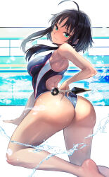 Rule 34 | 1girl, ahoge, aqua eyes, ass, barefoot, black hair, black one-piece swimsuit, breasts, commentary request, commission, competition swimsuit, feet out of frame, hachirou (crazy318), highres, hitachi mako, kneeling, kunai, legs, looking at viewer, looking back, medium breasts, one-piece swimsuit, pixiv commission, senren banka, short hair, short hair with long locks, solo, swimsuit, two-tone swimsuit, weapon