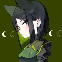 Rule 34 | 1girl, animal ears, black hair, green background, green eyes, highres, looking at viewer, simple background, solo, twitter, upper body, useq1067, valorant, viper (valorant)