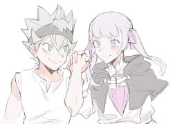 Rule 34 | 1boy, 1girl, asta (black clover), black clover, couple, facing viewer, hetero, highres, holding hands, looking at another, noelle silva, shirt, smile, twintails, white shirt