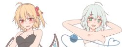 Rule 34 | 2girls, :d, ahoge, arms behind head, arms up, bare arms, bare shoulders, blonde hair, blush, bow, breasts, commentary request, flandre scarlet, green eyes, hair between eyes, hair bow, hair over shoulder, highres, komeiji koishi, light green hair, looking at viewer, medium breasts, miyo (ranthath), multiple girls, nipples, open mouth, red bow, red eyes, short hair, side ponytail, simple background, small breasts, smile, third eye, touhou, white background, wings