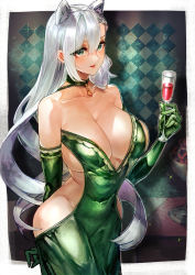 Rule 34 | 1girl, :d, alcohol, alternate costume, animal ears, bare shoulders, breasts, cleavage, cup, dress, drinking glass, elbow gloves, girls&#039; frontline, gloves, green dress, green eyes, green gloves, hair between eyes, highres, ksvk (girls&#039; frontline), long hair, open mouth, revealing clothes, signo aaa, simple background, smile, solo, very long hair, wine, wine glass