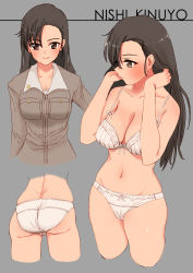 Rule 34 | 10s, 1girl, ass, bad id, bad pixiv id, black hair, blush, bra, breasts, brown eyes, character name, character sheet, chi-hatan military uniform, cleavage, collarbone, cropped legs, girls und panzer, groin, highres, kento1102, long hair, looking at viewer, medium breasts, multiple views, navel, nishi kinuyo, panties, simple background, smile, underwear, underwear only, white bra, white panties
