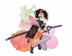 Rule 34 | 1girl, 92m, armor, bad id, bad pixiv id, black hair, brown eyes, comb, flower, hair flower, hair ornament, highres, japanese armor, japanese clothes, katana, kimono, momohime, oboro muramasa, on one knee, open mouth, ponytail, sheath, shoulder armor, sode, solo, sword, thighhighs, unsheathing, weapon